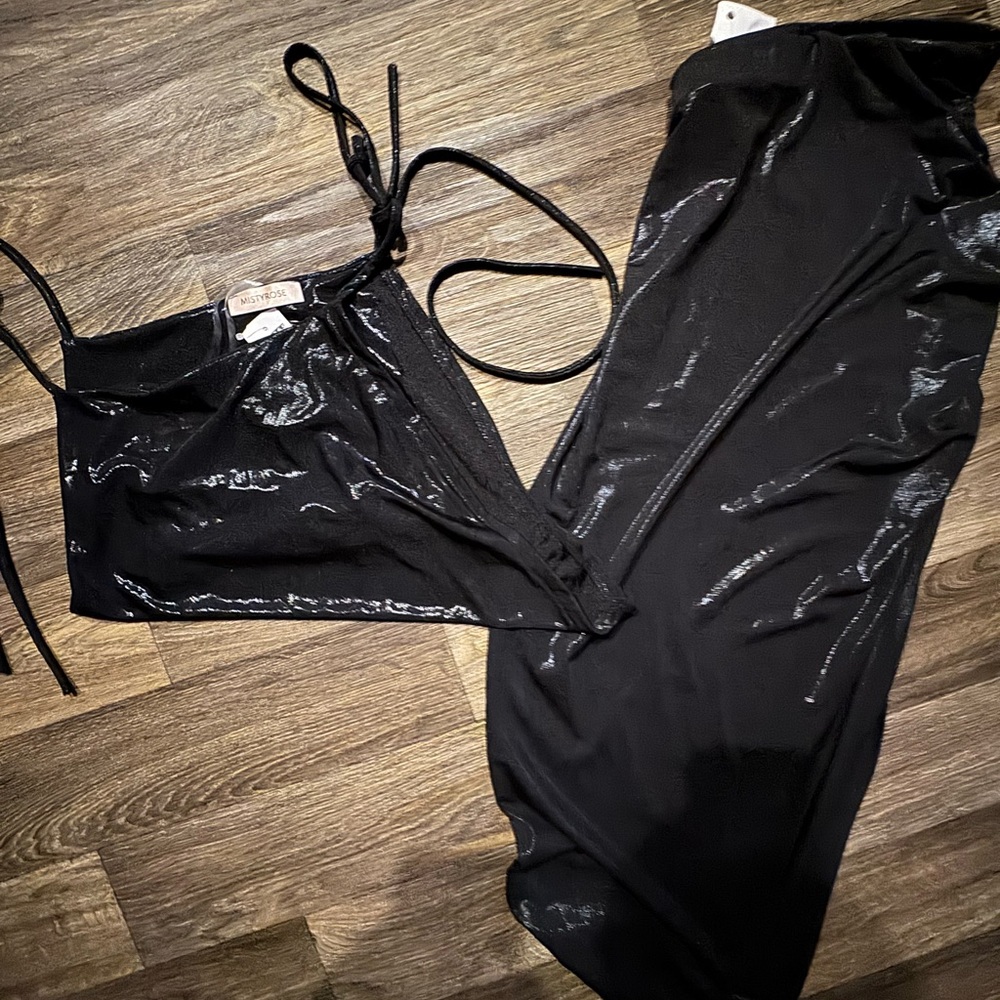 Black Shiny Slip Dress with Tie Straps